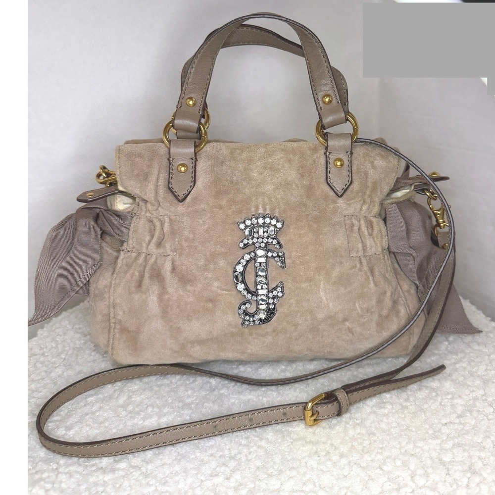 Juicy Couture Jeweled JC Crown Bowler Velour Y2K Rhinestone Crossbody Bag